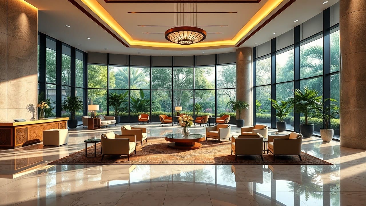 Lobby di hotel a 4 stelle con arredi di design moderno e accogliente.