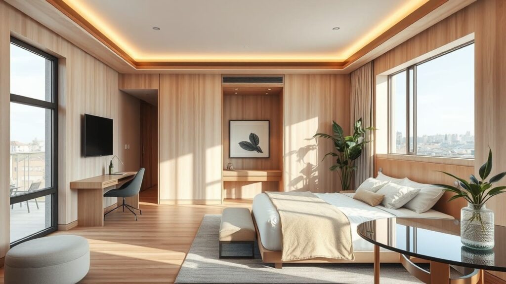 Camere accessibili hotel: come e perché migliorano l’esperienza 1 Camera accessibile con spazio per sedia a rotelle e dettagli ergonomici.