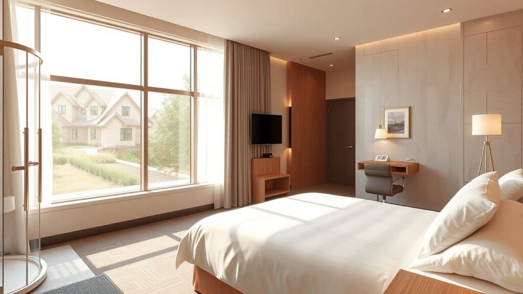 Hotel accessibili: come migliorare l'accoglienza e l'esperienza 2 Camera d'hotel accessibile con doccia a filo pavimento e maniglioni.