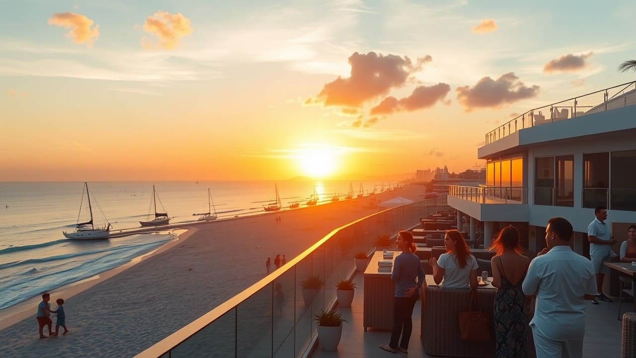Vista panoramica di un hotel al mare con clienti che prenotano camere.