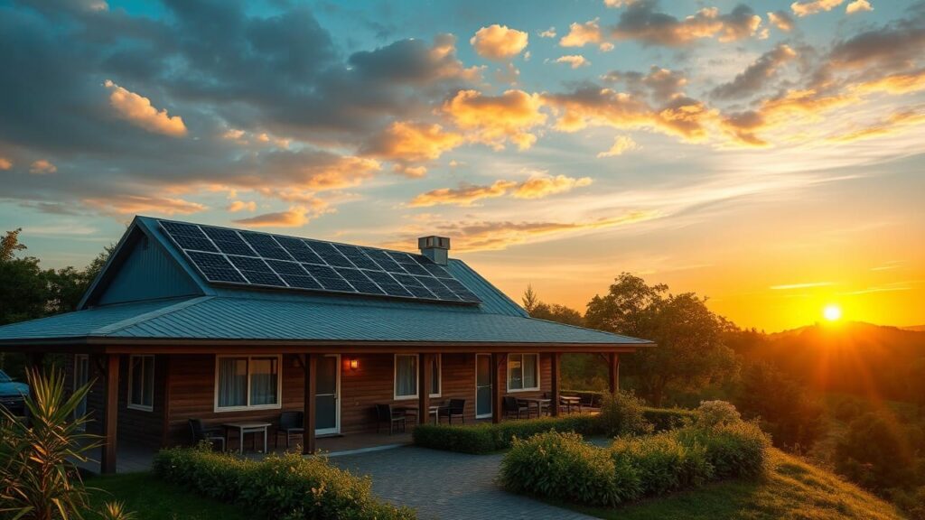 Stagionalità e costi energetici: come affrontare la crisi negli hotel 1 Facciata di un hotel stagionale al tramonto, con pannelli solari sul tetto.