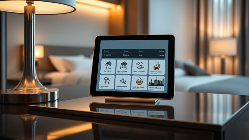 Digital concierge per hotel: migliorare l’esperienza ospiti 1 Interfaccia di un digital concierge su tablet in una camera d’hotel.
