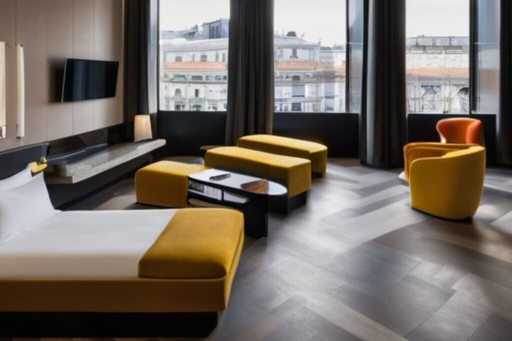 Hotel di design: come unire arte, design e ospitalità 2 Interno di un hotel di design con arredi moderni.