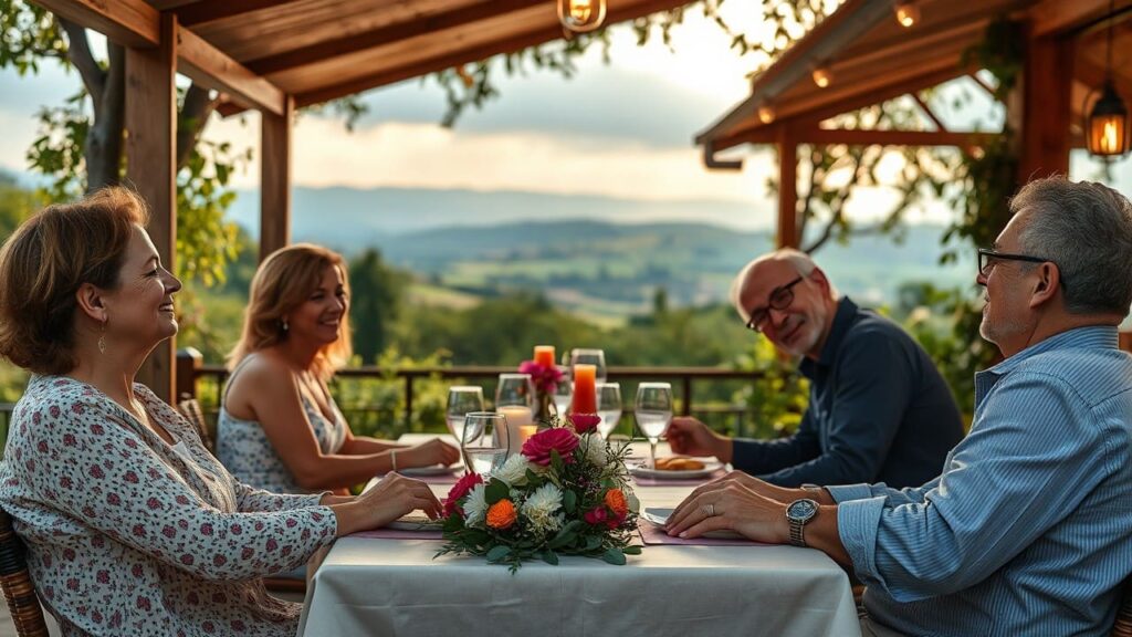 Come lo storytelling può differenziare il tuo hotel 2 Ospiti sorridenti che condividono un pasto all'aperto