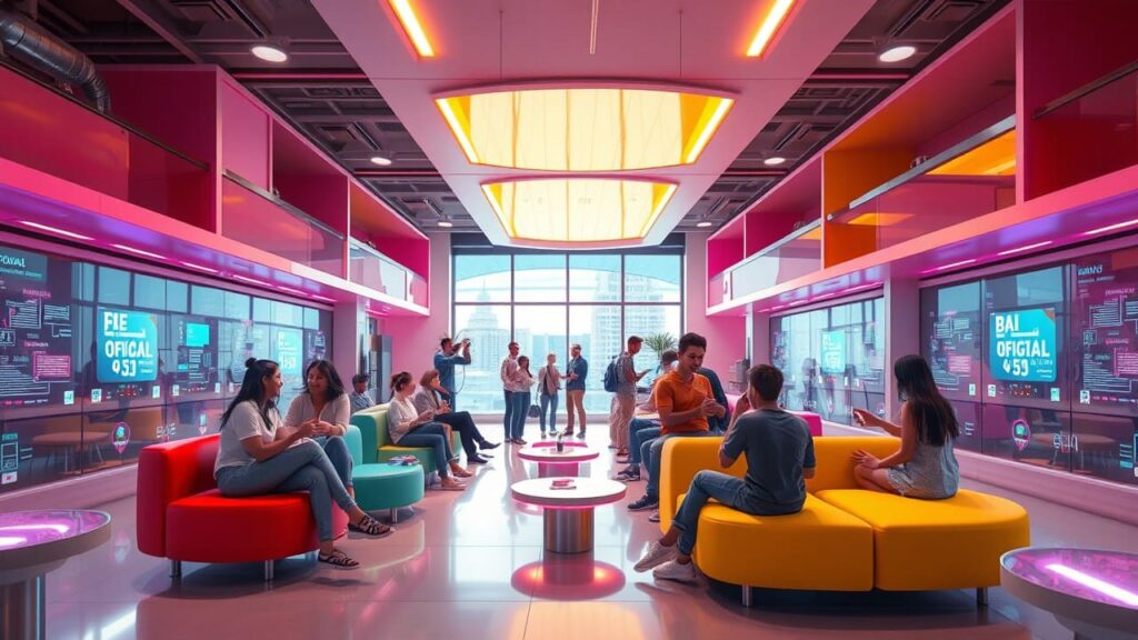 Modelli di business nell’ospitalità: innovazione per piccoli hotel 1 Vista interna di un moderno ostello digitale con giovani ospiti socializzanti.