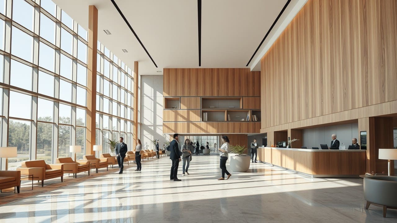 Lobby di un hotel con reception accogliente e staff sorridente