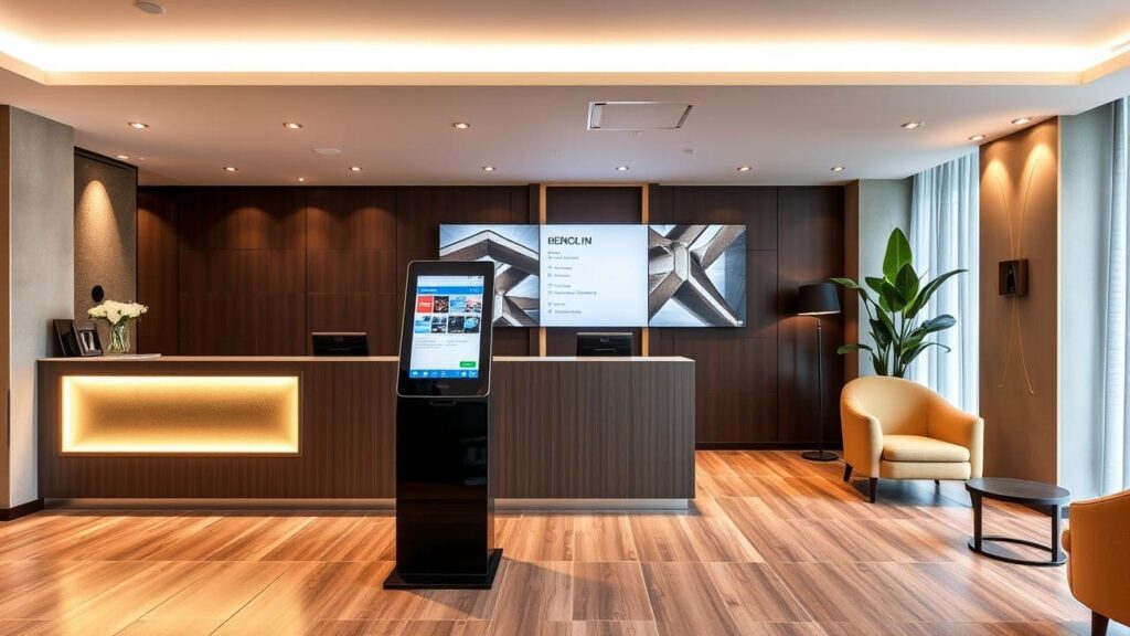 Reception moderna con automazione. Reception hotel con kiosk check-in automatico.