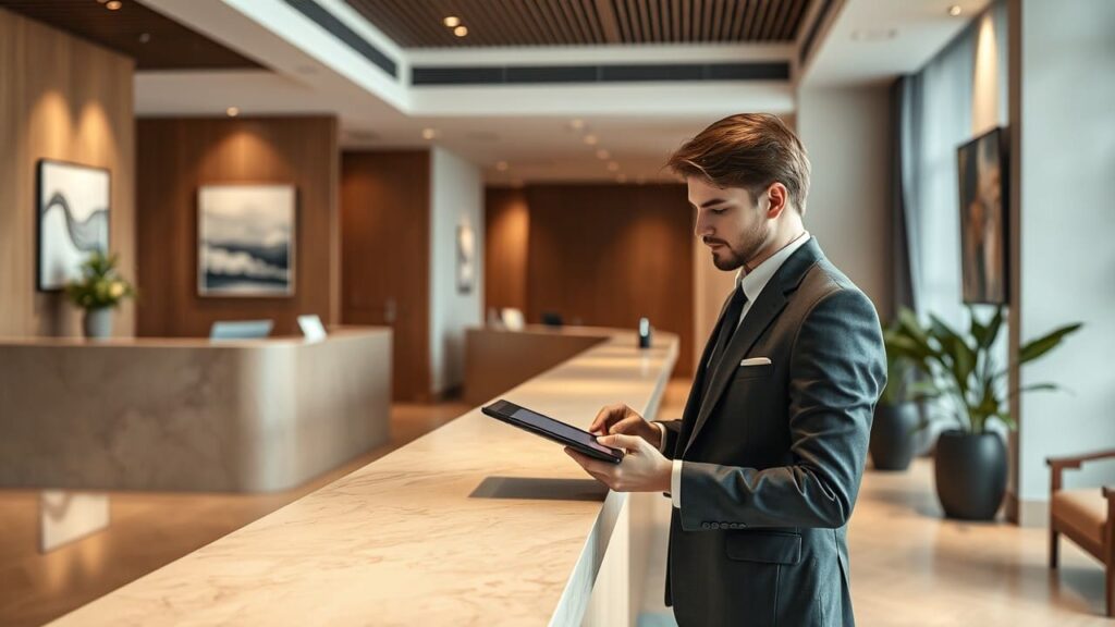 Staff hotel con software di gestione. Staff hotel che utilizza software di gestione automatizzato.