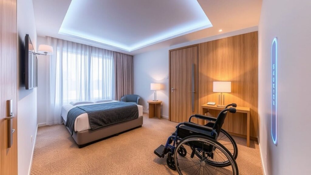 Camere accessibili hotel: come e perché migliorano l’esperienza 2 Tecnologia assistiva in camera d'hotel accessibile con smart assistant.
