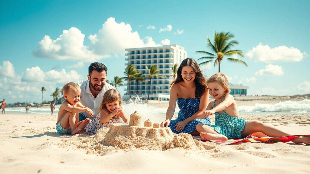 Hotel family-friendly: come attrarre famiglie in vacanza 1 Famiglia felice che gioca in spiaggia durante una vacanza