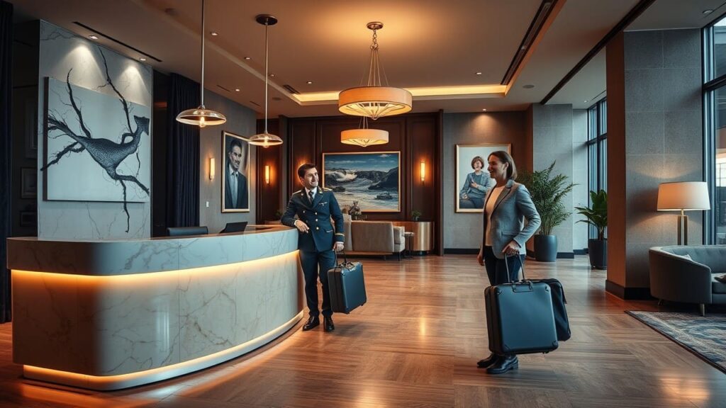 reception hotel con receptionist che accoglie ospite con sorriso accoglienza professionale in hotel con personale sorridente