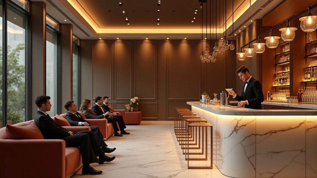 Happy hour in hotel con ospiti nella hall e barman professionista Happy hour in hotel con ospiti nella hall e barman professionista