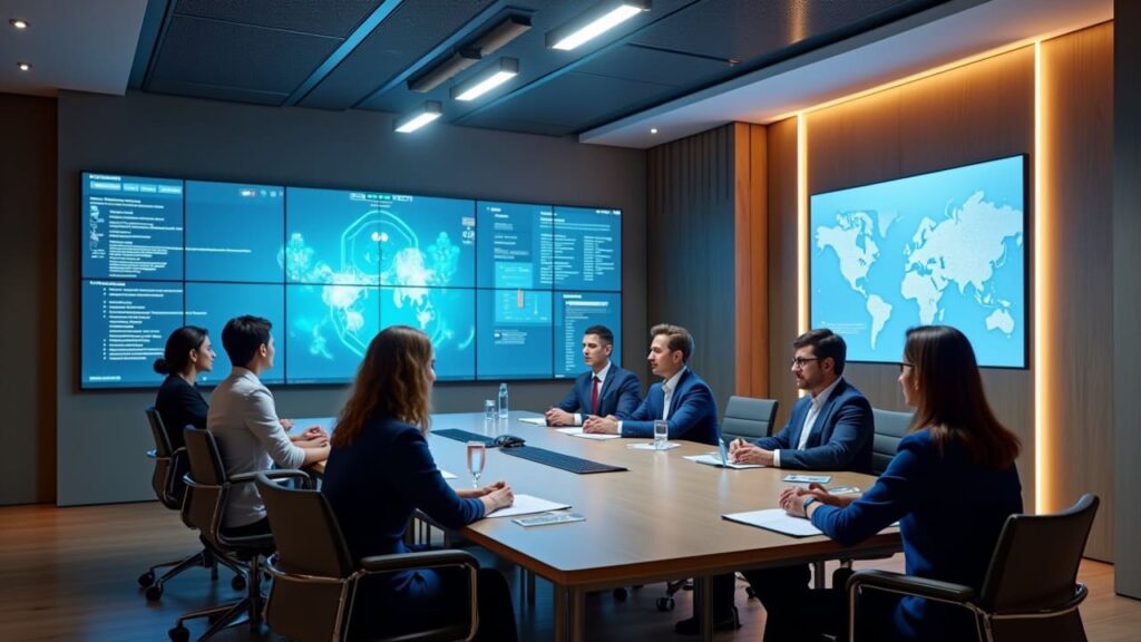 Immagine di un team di hotel manager che analizza dati su schermi digitali 
