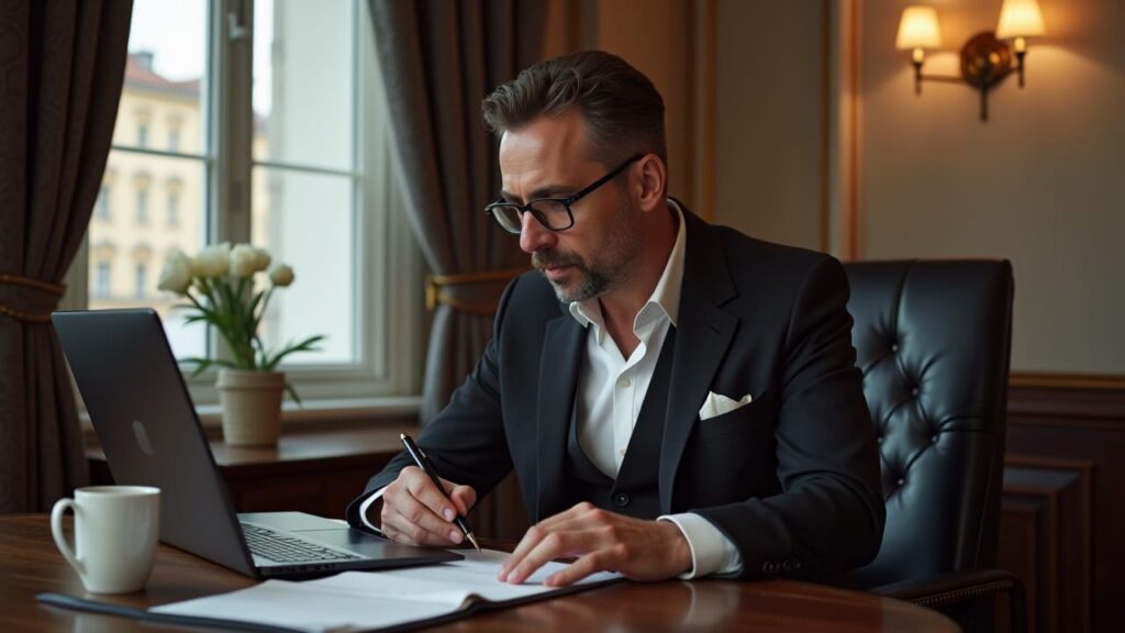 Hotel manager risponde alle recensioni online Hotel manager che risponde alle recensioni online con computer