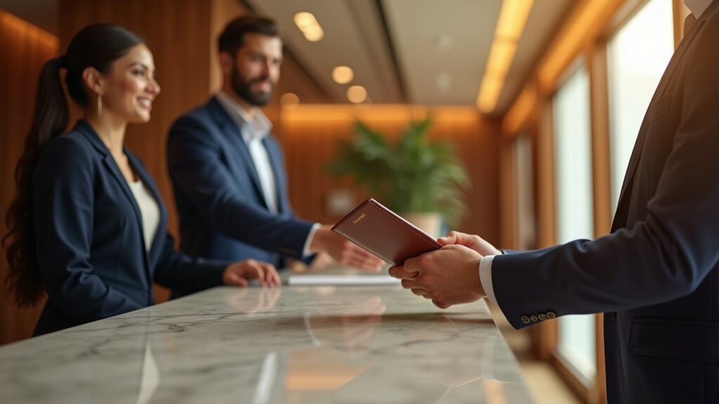 Vendita di servizi accessori in hotel per aumentare ricavi Receptionist spiega servizi extra a ospite in hotel
