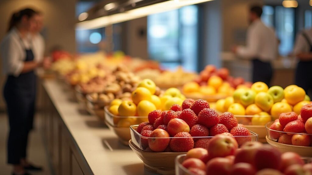 Addetto colazione hotel prepara buffet con attenzione Addetto colazione hotel che allestisce buffet con cura