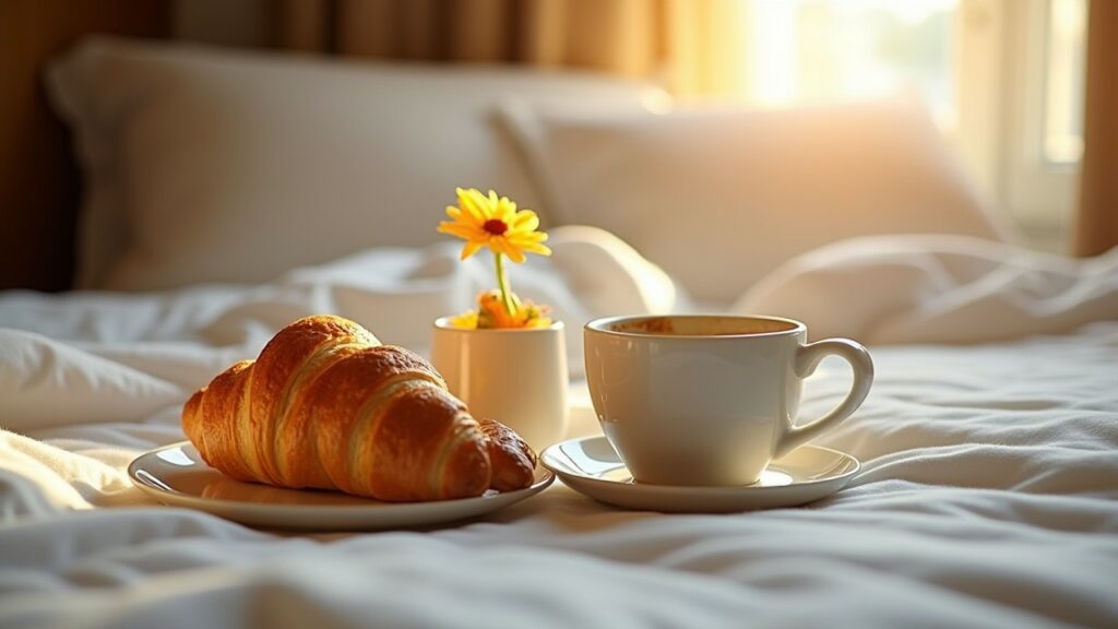 Colazione in camera hotel servita su vassoio elegante Vassoio colazione in camera hotel con caffè e croissant