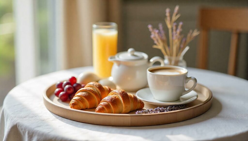 Colazione in camera hotel presentata in modo raffinato Colazione in camera hotel elegante posata su tavolino
