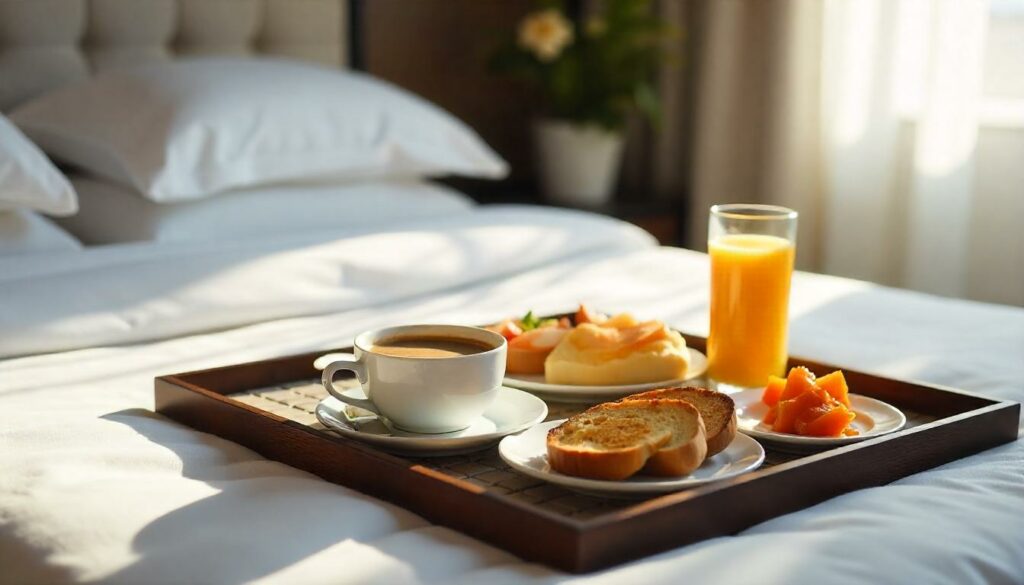 Colazione in camera hotel servita su vassoio elegante Vassoio colazione in camera hotel con bevande e cibo