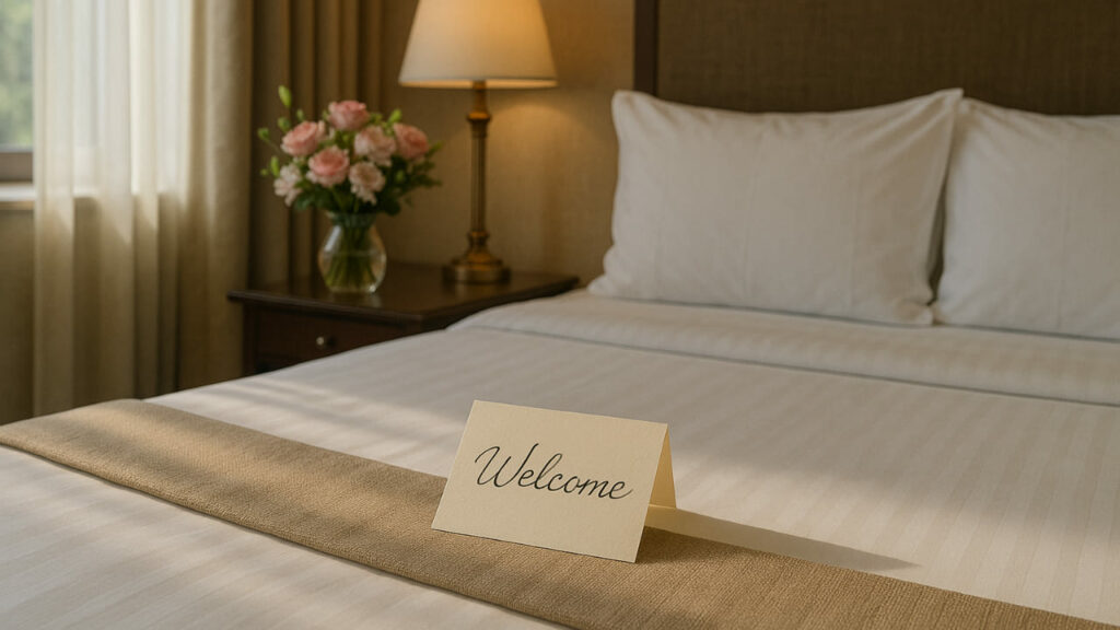 Esempio di messaggio di benvenuto in camera hotel Messaggio di benvenuto in hotel su carta accanto a mazzo di fiori