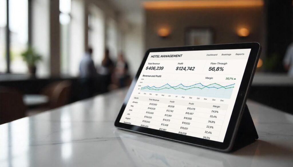Dashboard PMS per hotel con margini e ricavi visibili Schermata gestionale con dati di profitto e spese hotel
