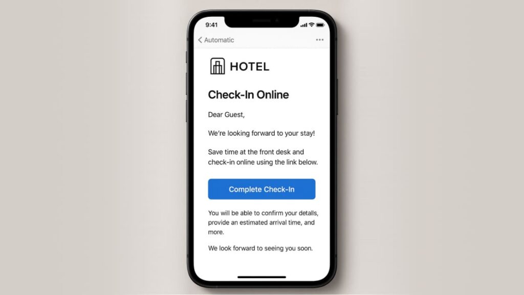 Esempio di email pre-arrivo per hotel con check-in online Email automatica pre-arrivo inviata a cliente hotel per check-in online