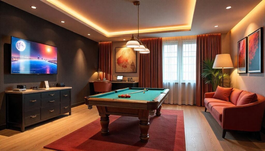 Games room moderna in hotel con realtà virtuale Sala giochi in hotel con postazioni VR, console e area relax