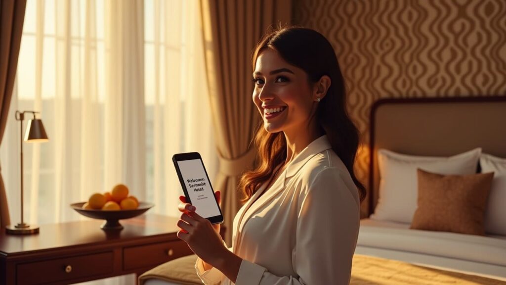 Cliente soddisfatto che riceve messaggio di benvenuto da un hote Cliente soddisfatto che riceve messaggio di benvenuto da un hotel