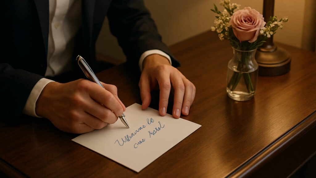 Gestore di hotel scrive messaggio personalizzato per accoglienza Hotel manager prepara messaggio personalizzato per ospite