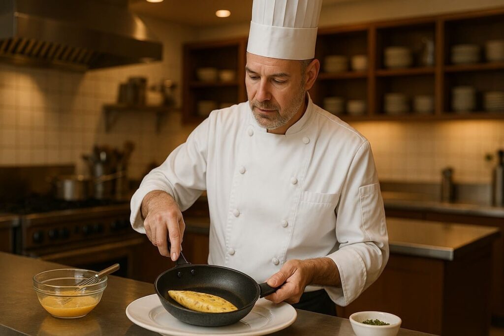 Breakfast chef cucina omelette in cucina hotel Breakfast chef hotel prepara omelette in cucina semi-aperta