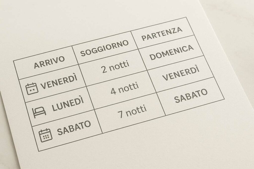 Esempio di stay pattern in hotel con giorni di arrivo e durata soggiorno Tabella con esempio pratico di stay pattern con giorni di arrivo e partenza